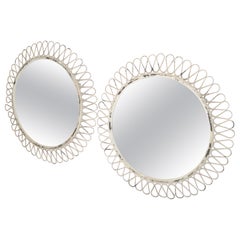 Vintage Pair, French Round Wrought Iron Wall Mirror Art Deco Style White Distressed Look