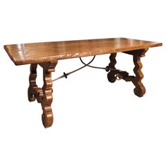 Antique 19th Century Spanish Walnut Wood Table with Wrought Iron Stretchers