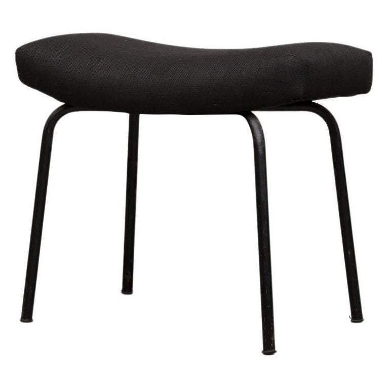 Pierre Guariche Attributed Black Upholstered Foot Stool with Black Tubular Legs For Sale