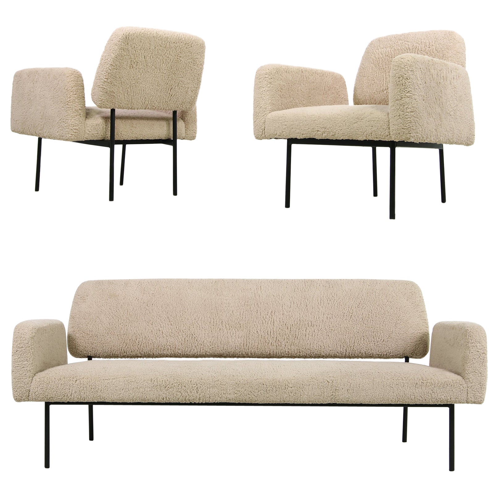 Modern Lounge Sofa + 2 Armchairs Nathan Lindberg Mod. 42/43 Teddy Fur Sheepskin