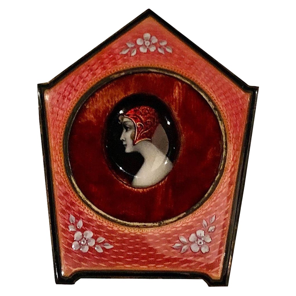 French Enameled Guilloche Portrait of a Lady in Red