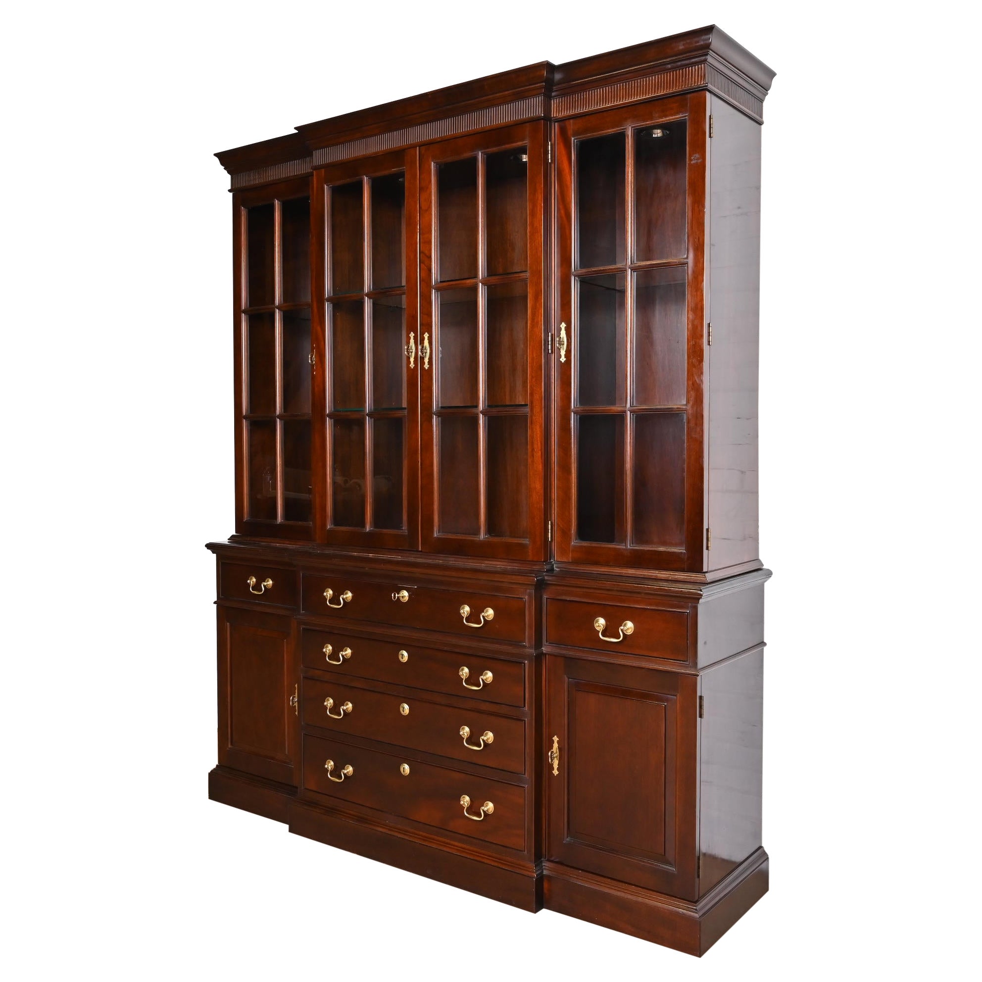 Stickley Georgian Cherry Wood Lighted Breakfront Bookcase Cabinet