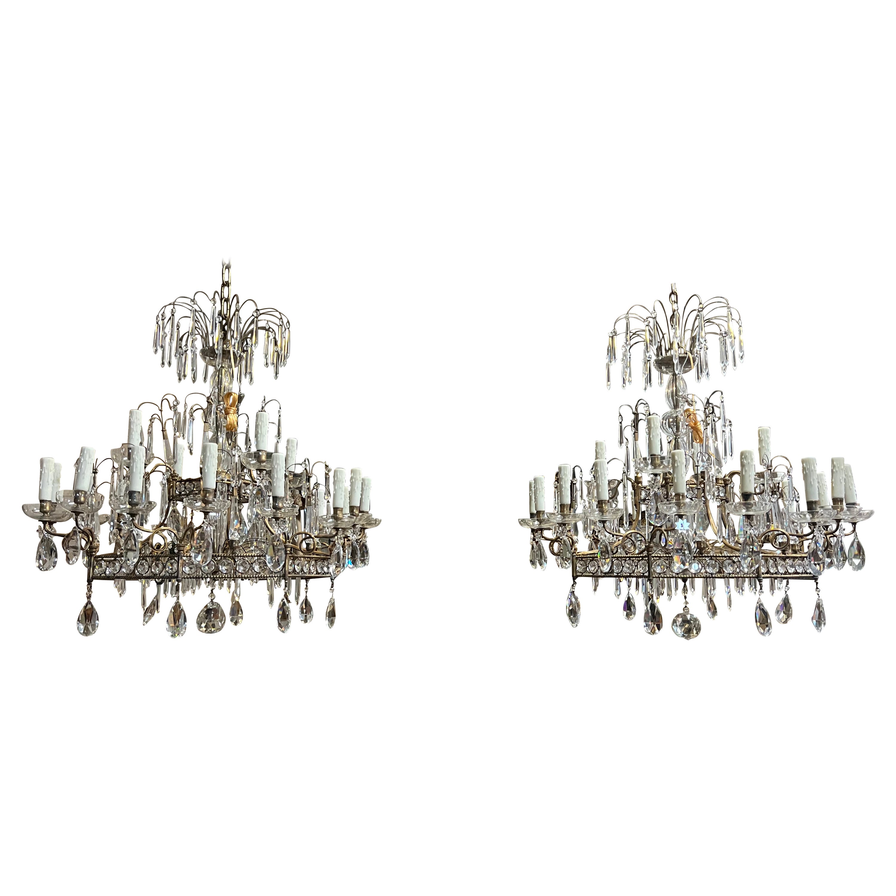 Pair of Italian Bronze and Crystal Chandeliers For Sale