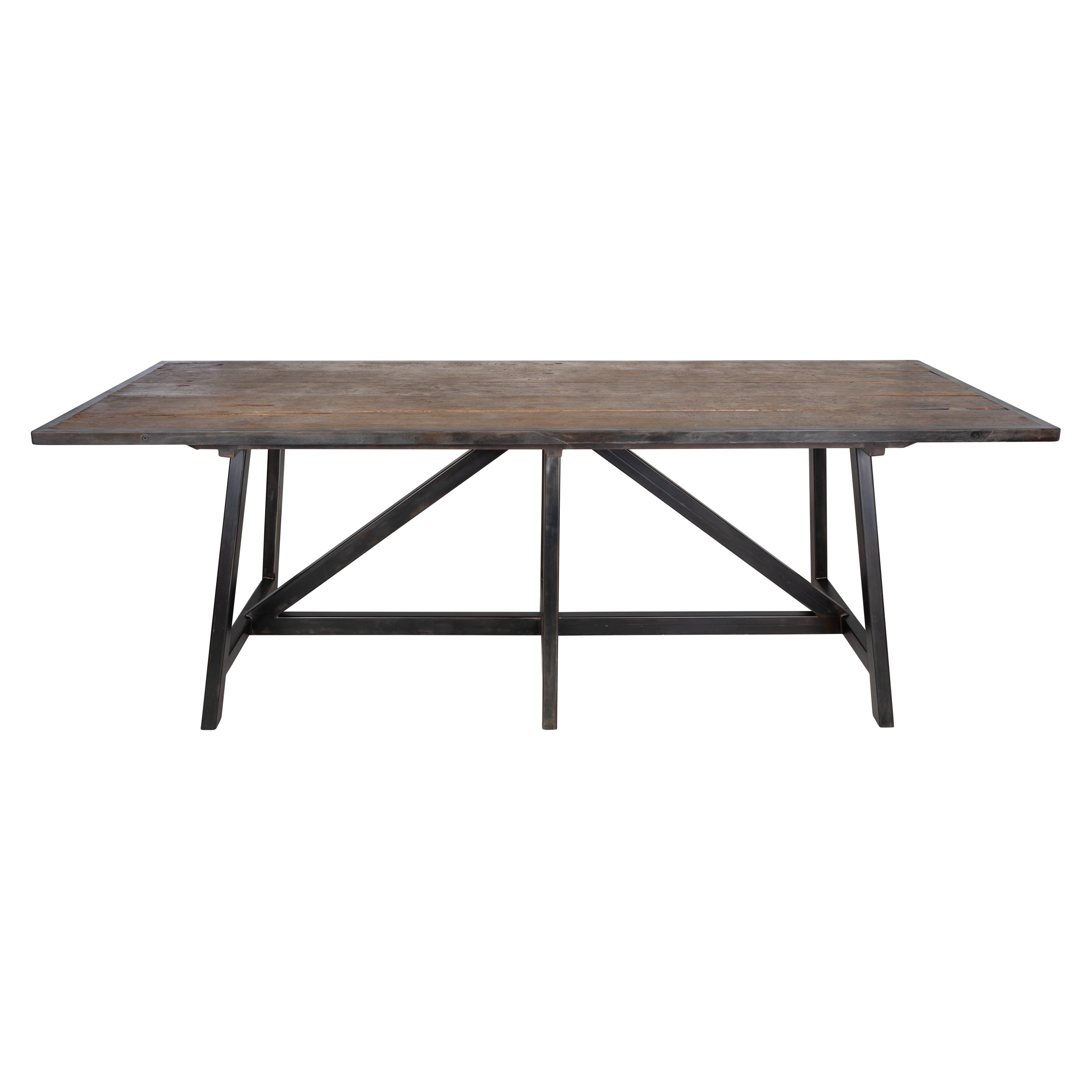 Bar Height Island Table, Vintage Elm Steel Framed Top, Ebony Patina Angle Base For Sale