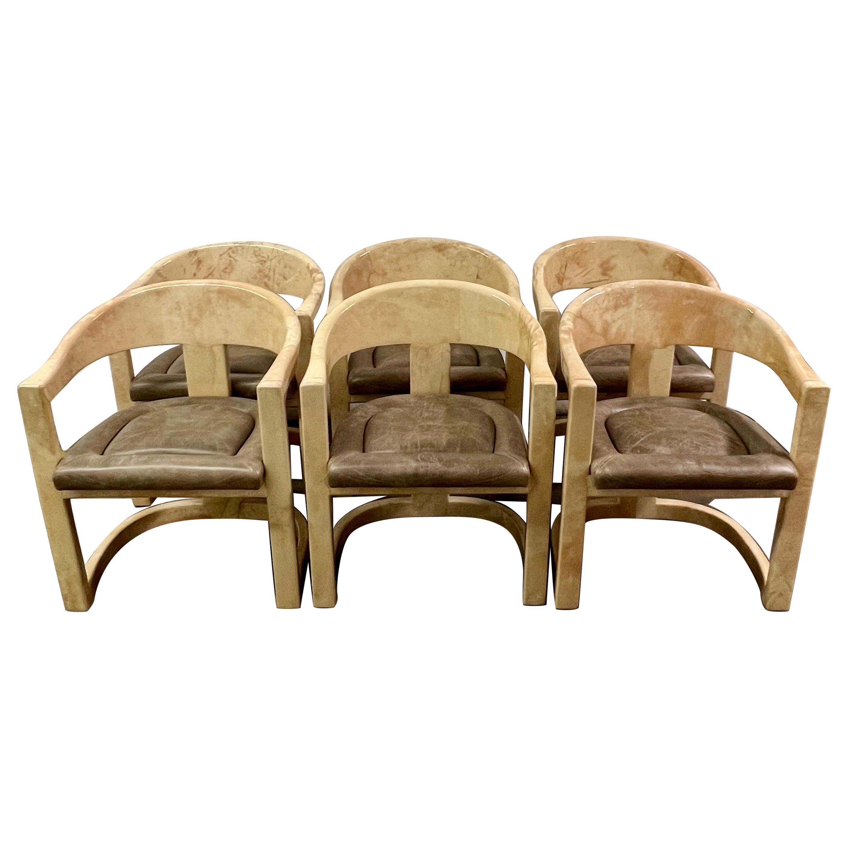 6 chaises Onassis Karl Springer en peau de chèvre avec sièges en cuir