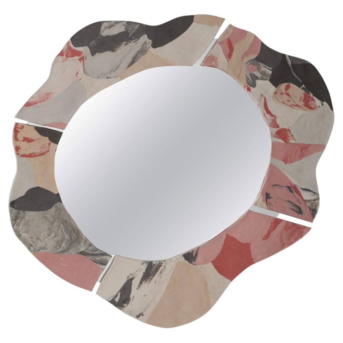 Hand-crafted Pink and Grey Porcelain Framed Round Wall Mirror For Sale