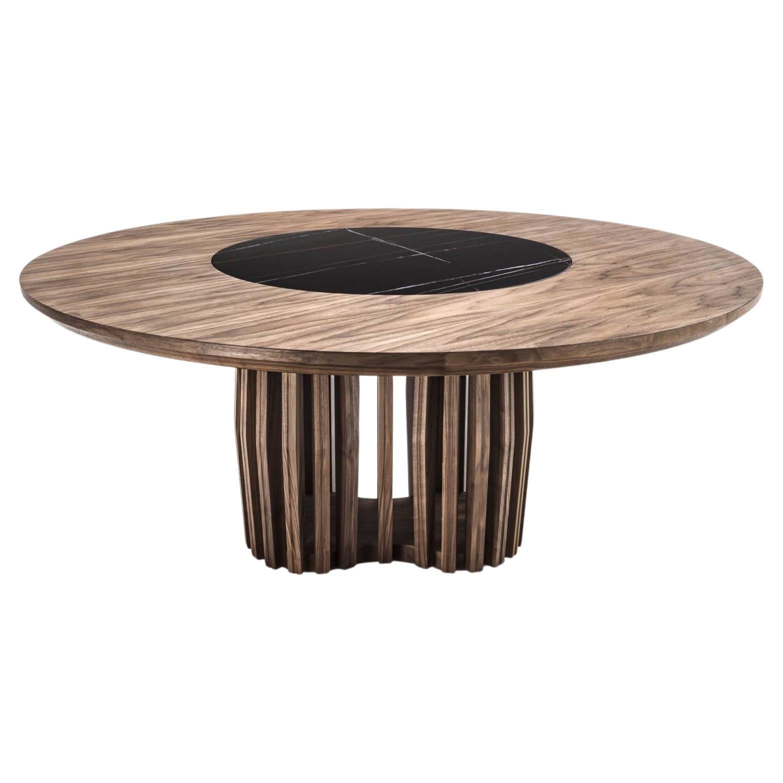 Large Round Solid Wood Table with Marble Lazy Susan