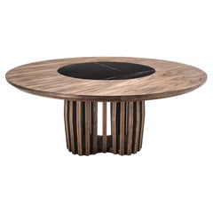 Großer runder Tisch aus Massivholz mit Marmor-Lazy Susan