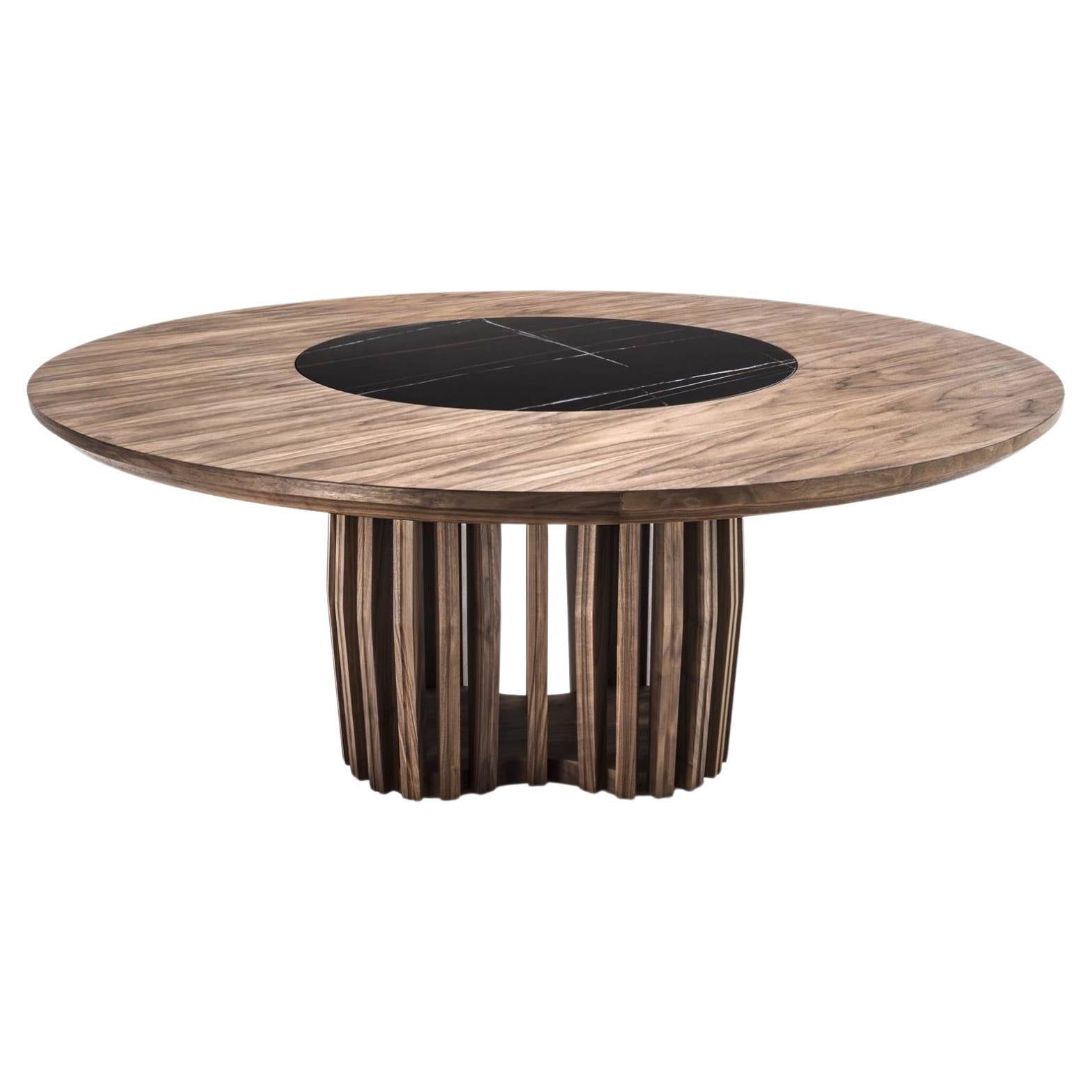 Round Solid Wood Table with Marble Lazy Susan For Sale