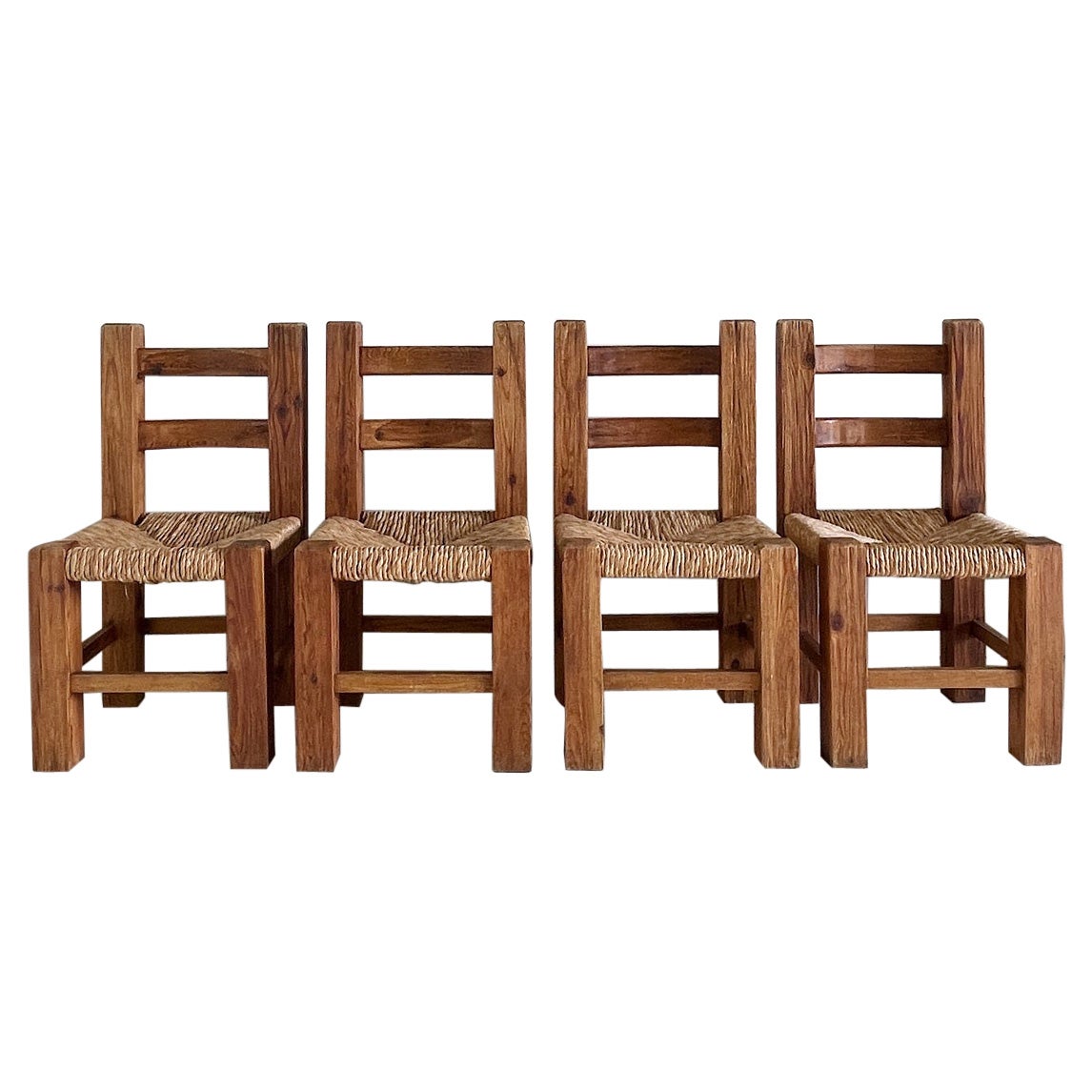 Set of 4 Mexican Pine & Rush Chunky Dining Chairs, circa 1970