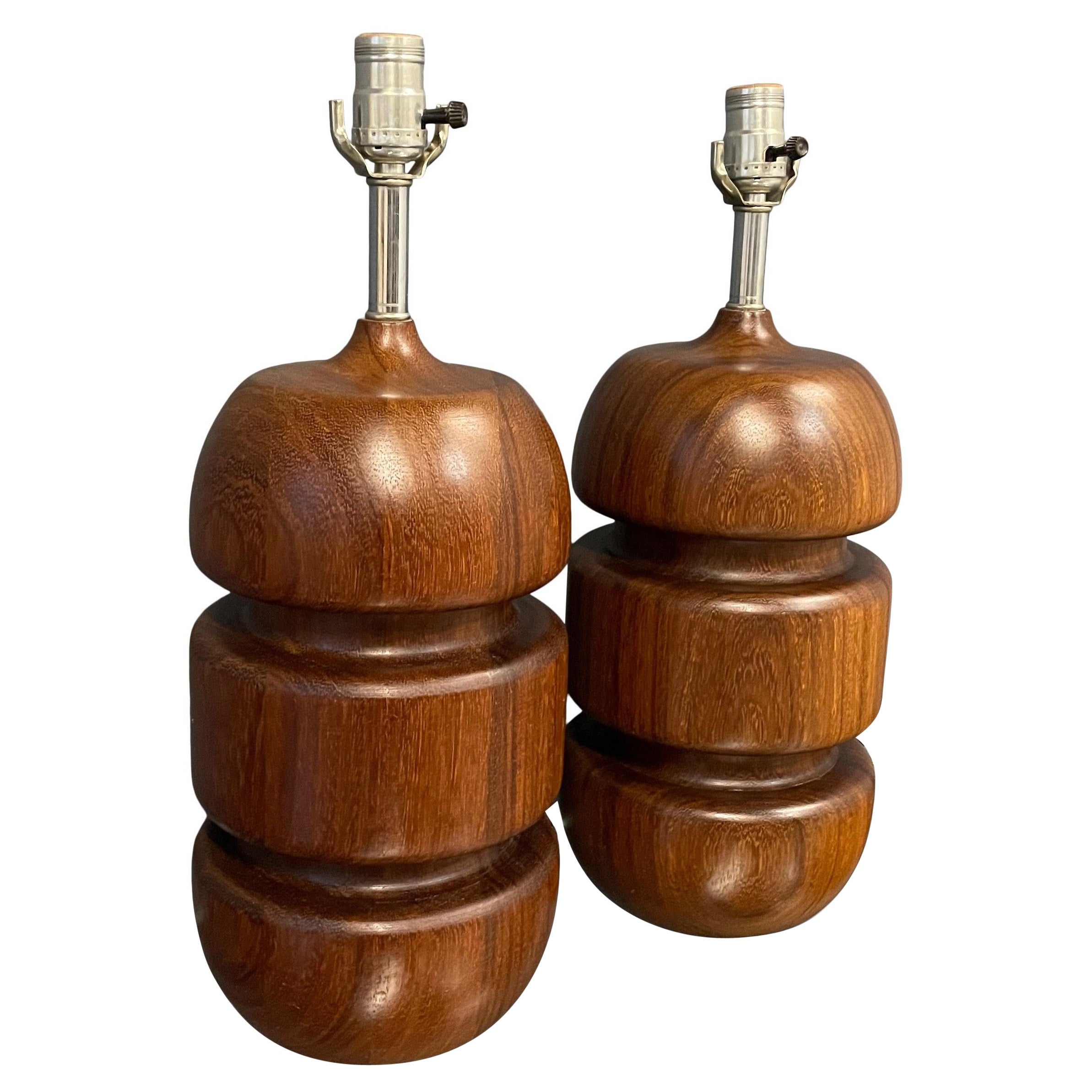 Mid Century Scandinavian Turned Teak Stacked Table Lamps a Pair For Sale