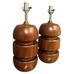 Mid Century Scandinavian Turned Teak Stacked Table Lamps a Pair