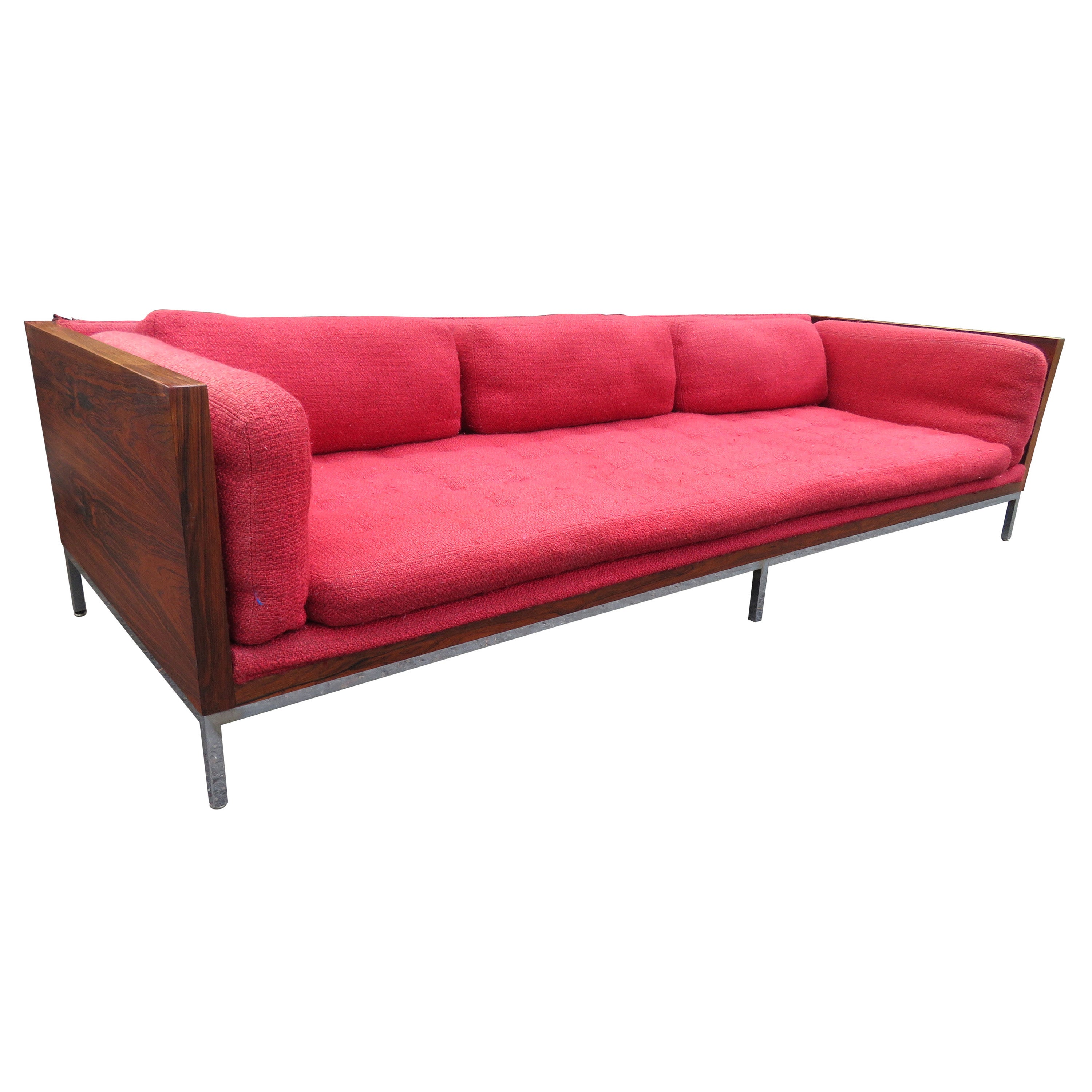 Fantastic Milo Baughman Style Rosewood Case Sofa with Chrome Base Mid-Century For Sale