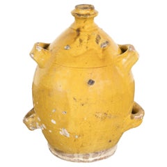 Antique Mid-19th Century French Conscience Water or Olive Oil Jug with Yellow Glaze  