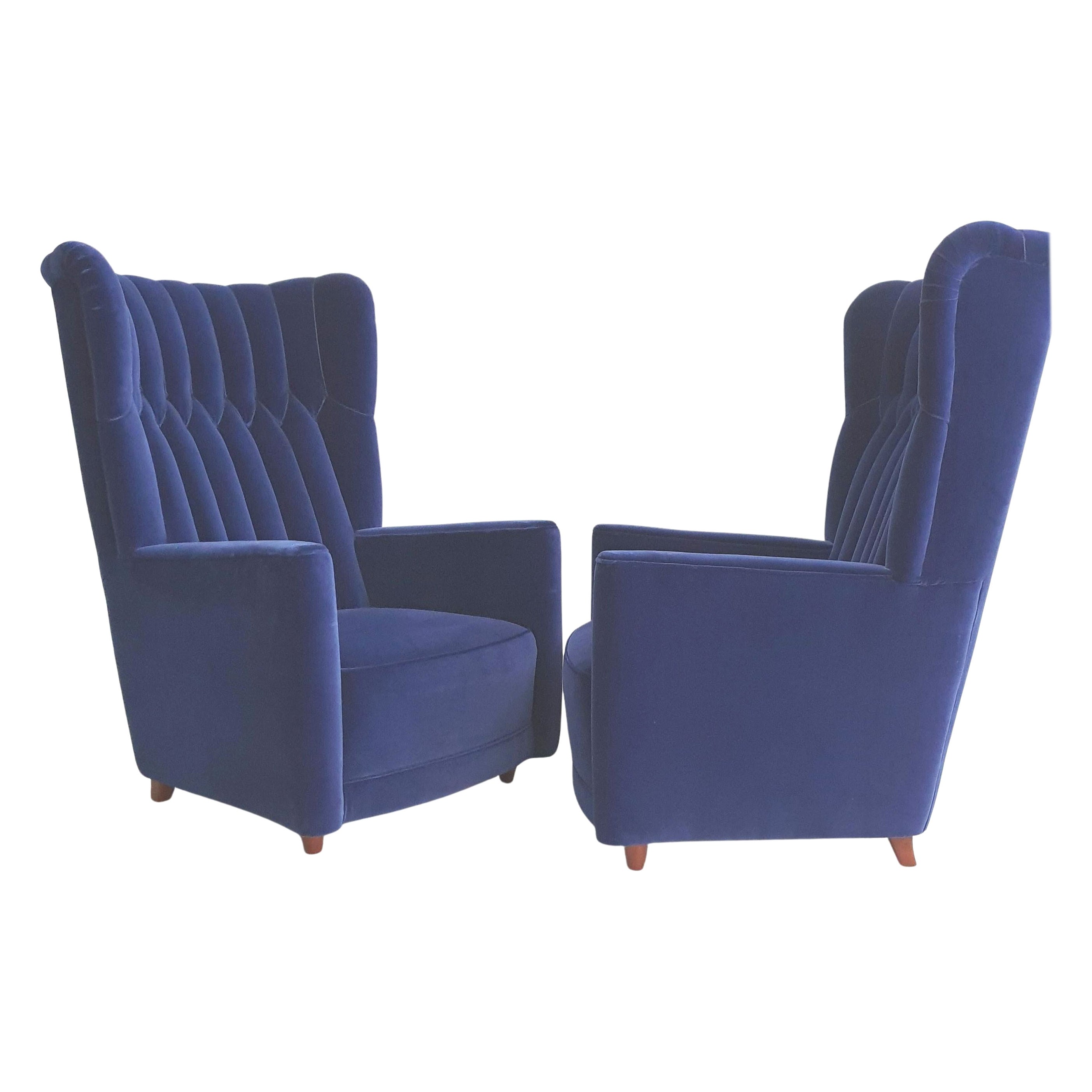 Pair of well sized  Velvet Covered Armchairs Attributed to Guglielmo Ulrich For Sale