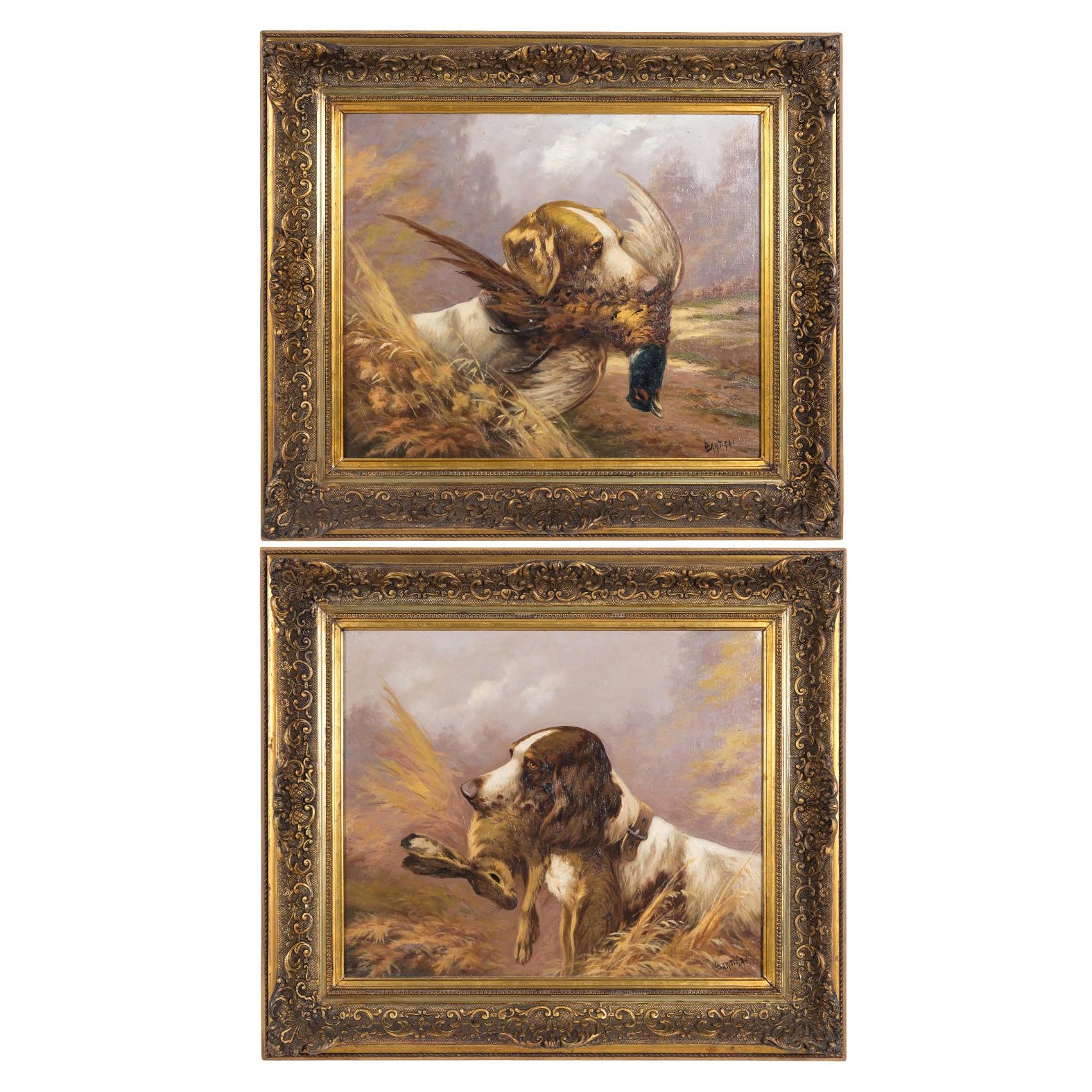 Pair of 19th Century French Oil Hunting Dog Portraits, Signed Louis Lartigau For Sale
