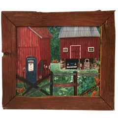 Retro Wonderful Original Painting of Farm with Old Gas Pump