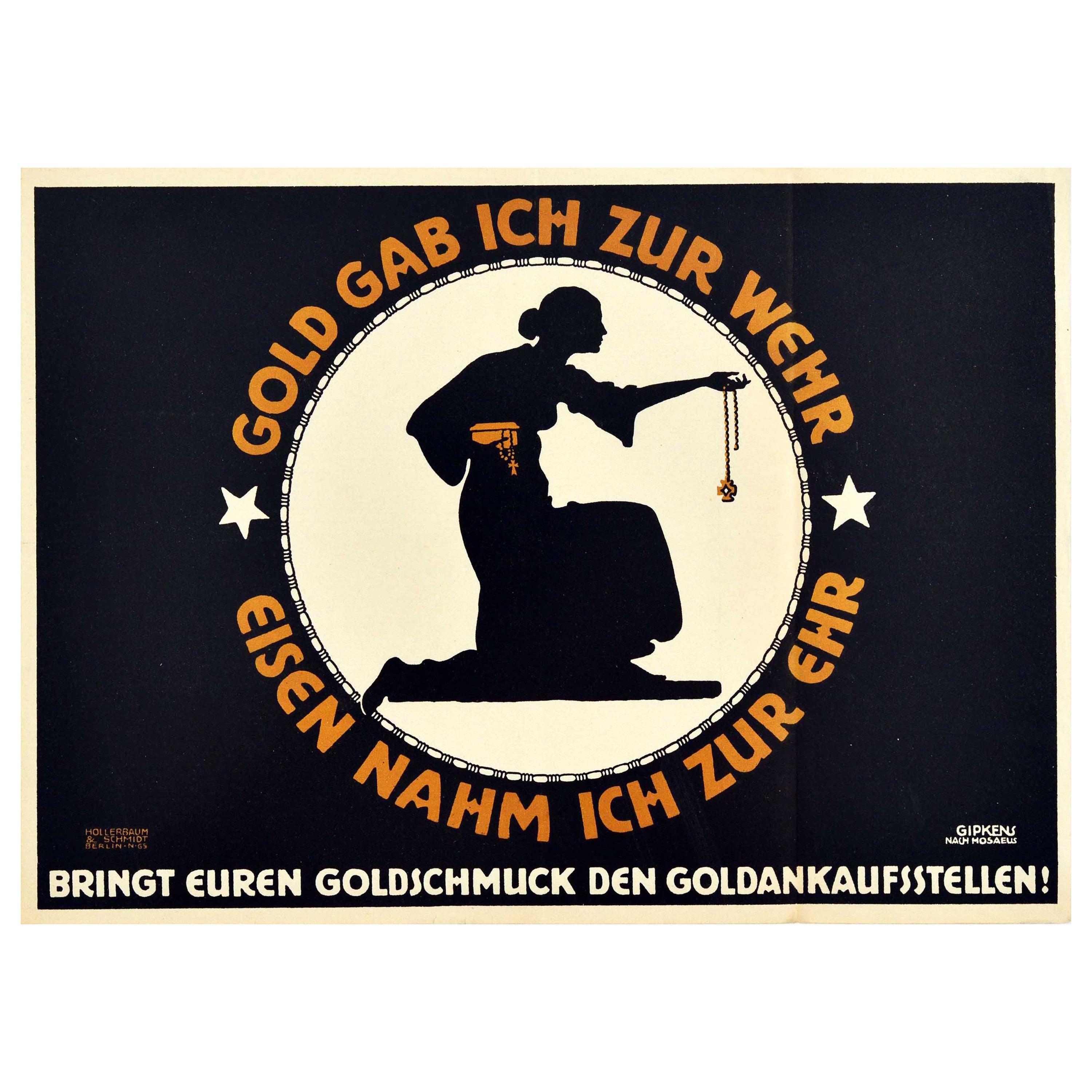 Original Antike Weltkrieg Eins Poster Gold Für Verteidigung Eisen Für Ehre WWI im Angebot