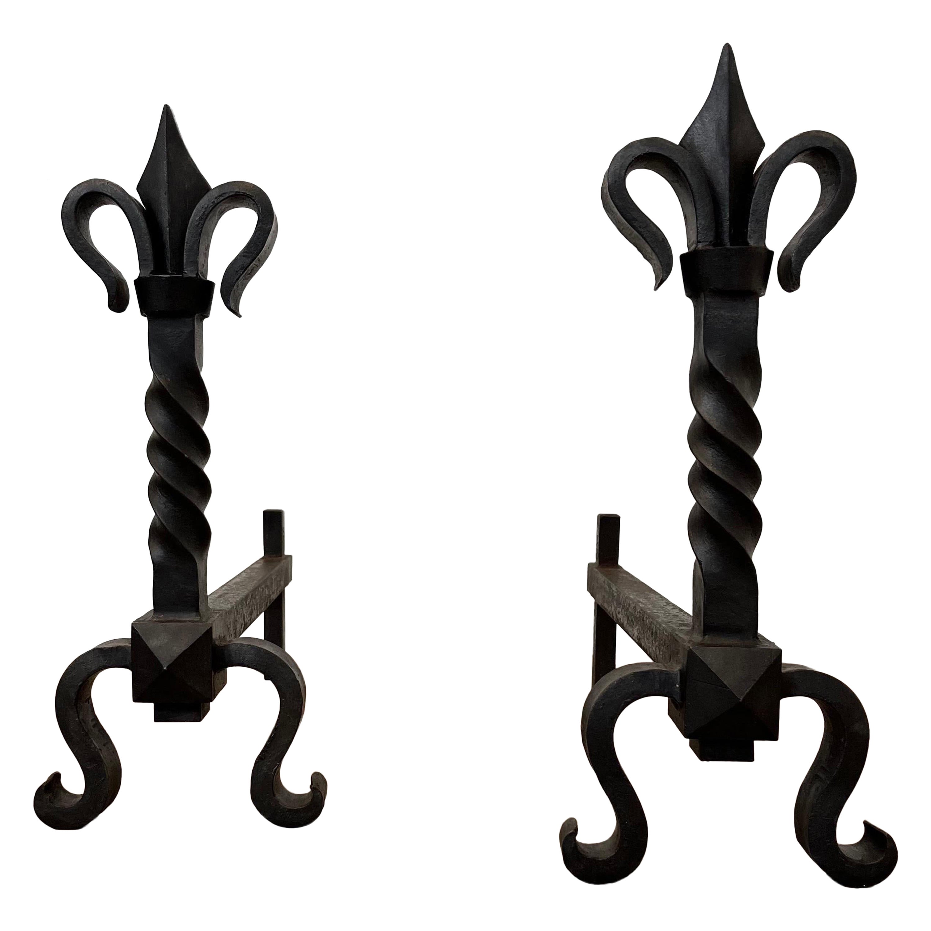 Pair of French Wrought Iron Adirons, 1940s