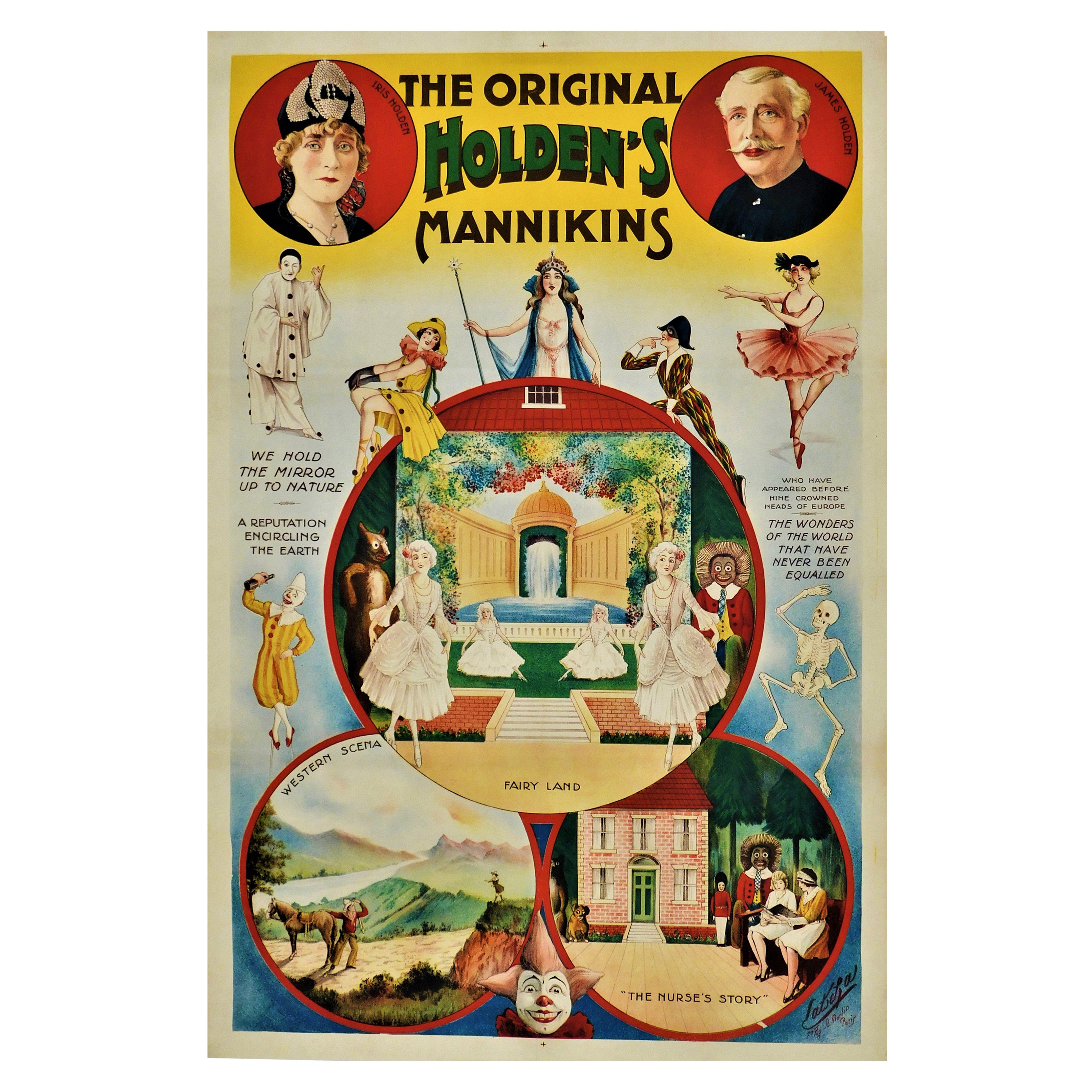 Affiche de scène théâtrale originale des années 1890 à dos de lin - Holden's Mannikins