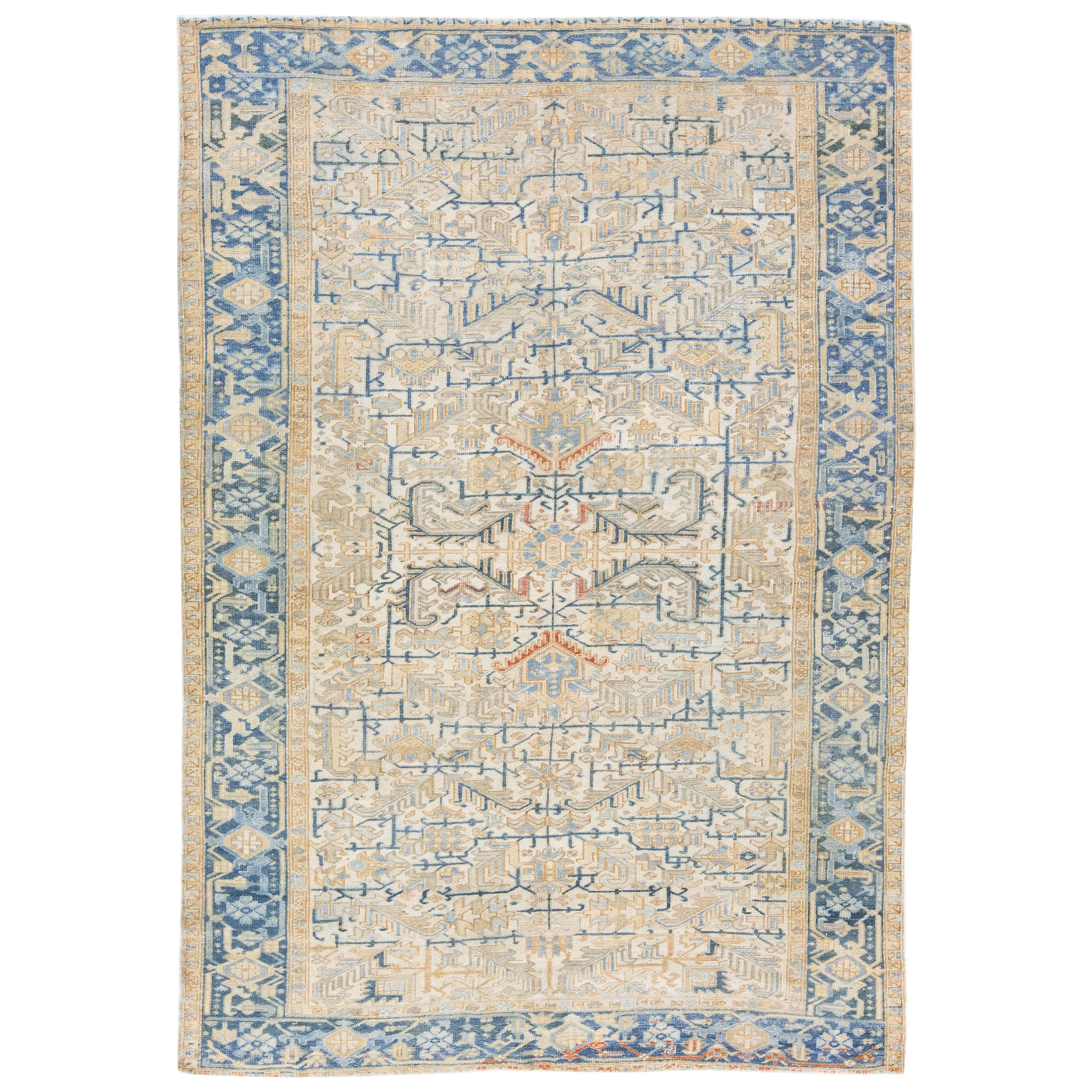 Antique Persian Heriz Beige Handmade Wool Rug with Allover Geometric Design