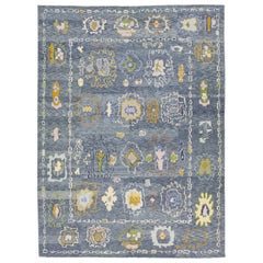 Gray Modern Turkish Oushak Handmade Room size Wool Rug with Floral Pattern