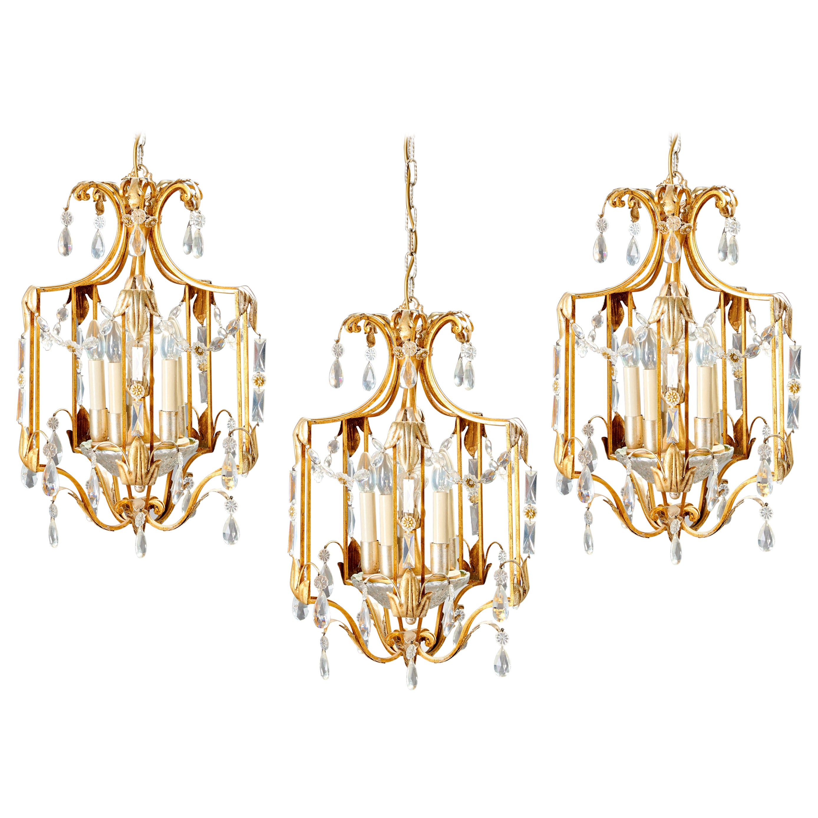 "Maison Baguès", Three Large and Elegant Lanterns in Gold and Silver Metal, 1950