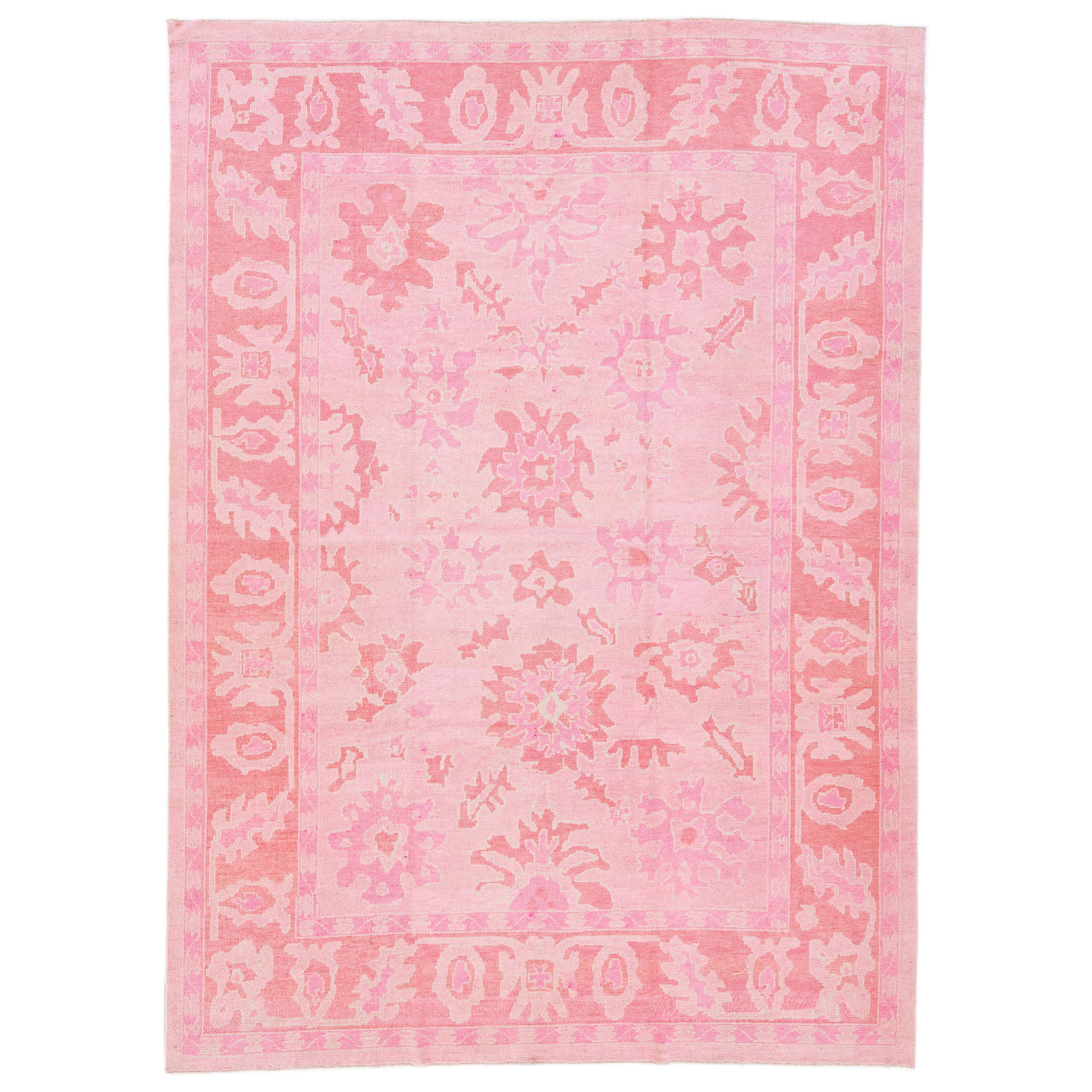 Pink Modern Turkish Oushak Handmade Room Size Wool Rug With Floral Pattern 