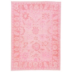 Pink Modern Turkish Oushak Handmade Room Size Wool Rug With Floral Pattern 