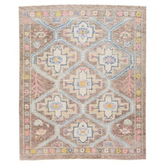 Brown Modern Turkish Handmade Wool Rug with Multicolor Geometric Motif