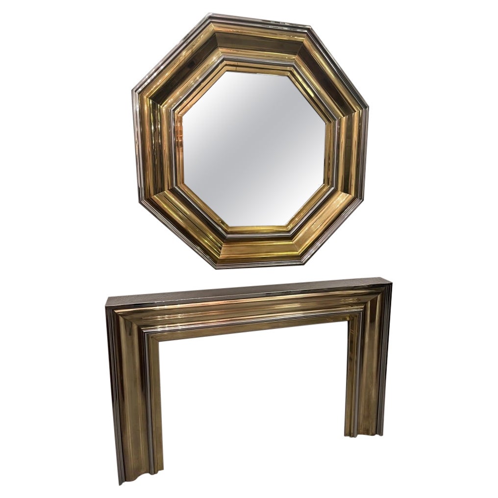 Vintage Chrome & Brass Octagonal Wall Mirror & Fireplace by Sandro Petti, 1970s For Sale