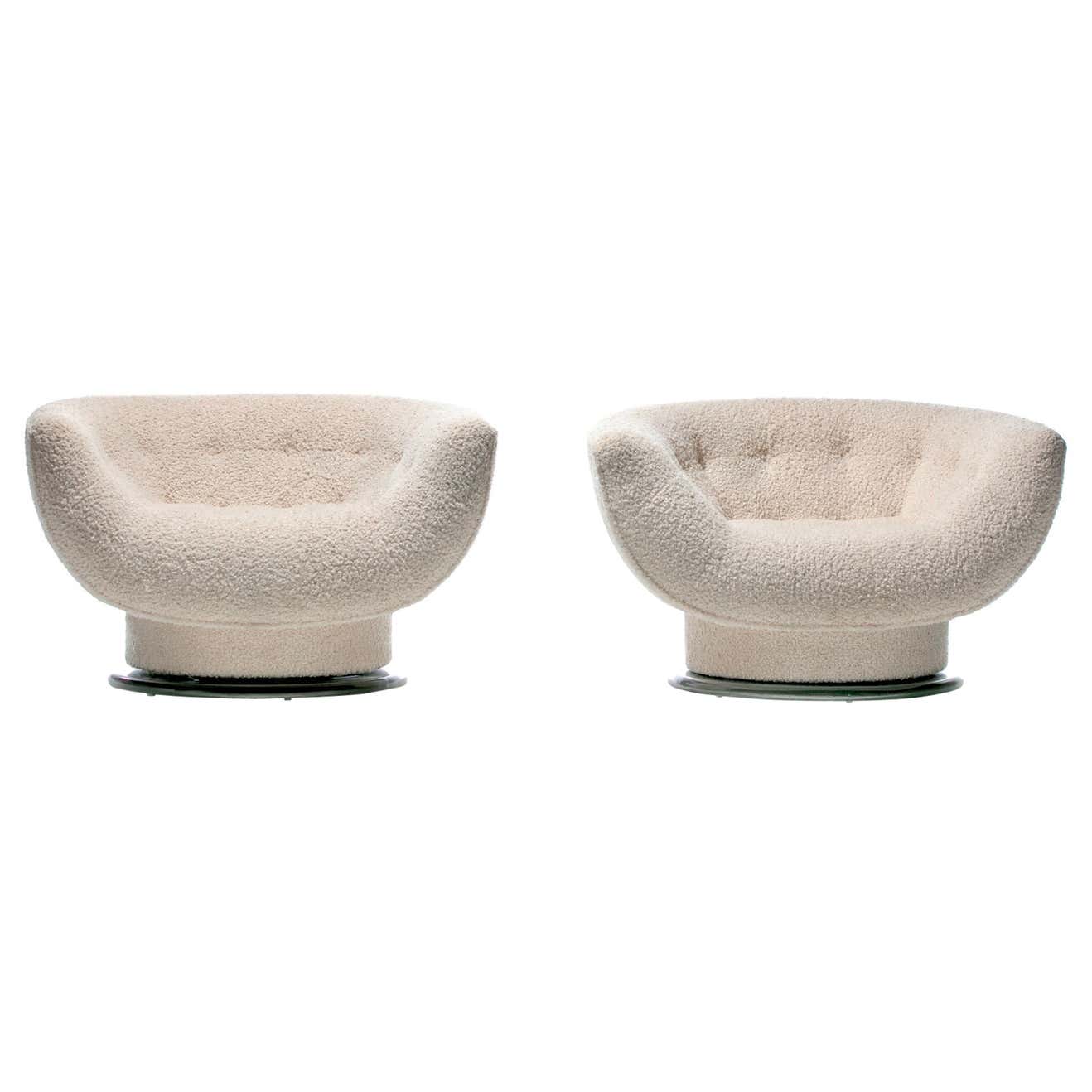 Pair of Adrian Pearsall Attributed Swivel Lounge Chairs in Ivory Bouclé ...