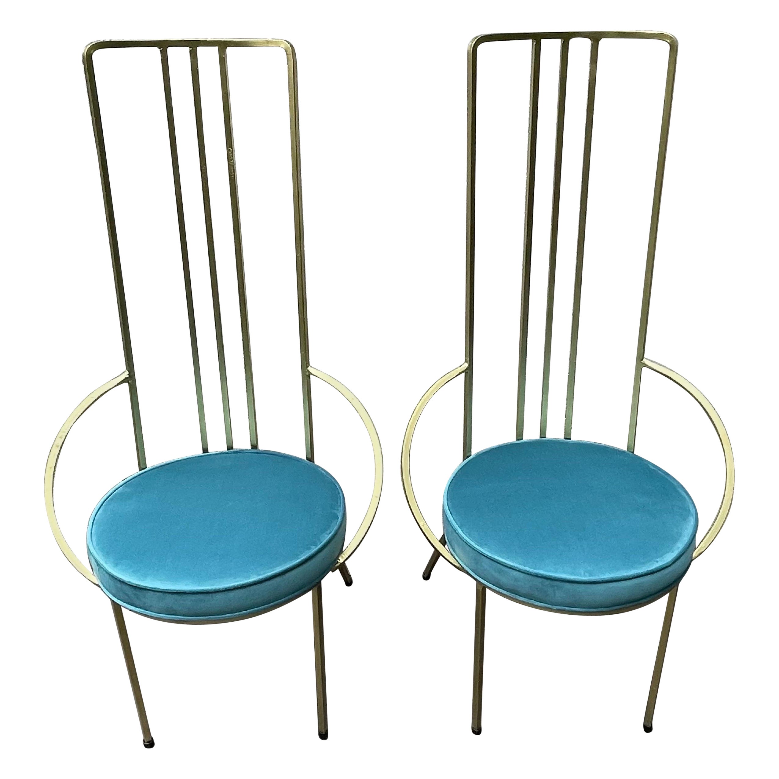 Pair of Hollywood Regency Gold Leaf Iron Side Chairs, Round Blue Velvet Seats For Sale