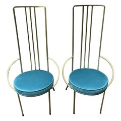 Pair of Hollywood Regency Gold Leaf Iron Side Chairs, Round Blue Velvet Seats
