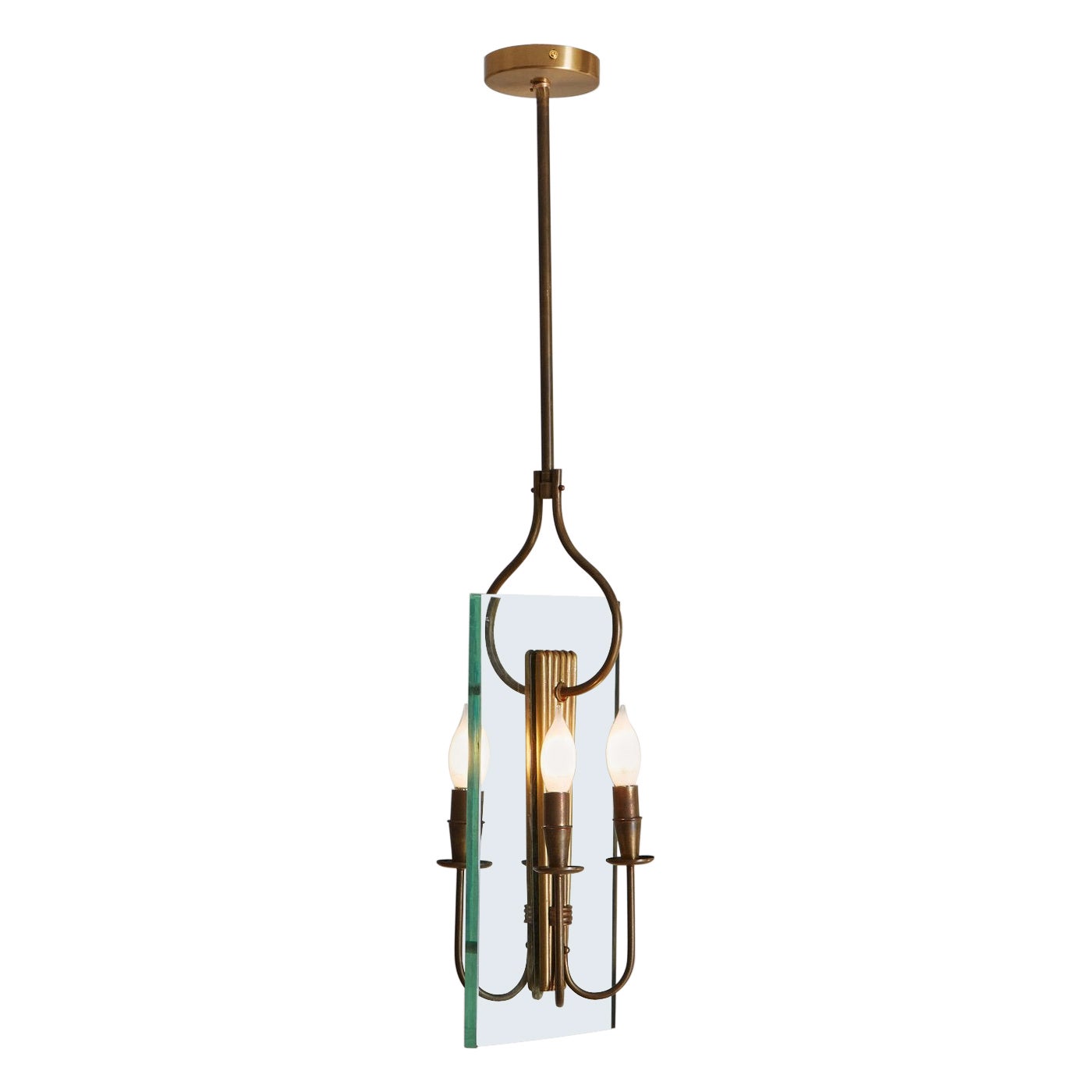 Brass + Glass Pendant Light in the Style of Fontana Arte, 20th Century For Sale