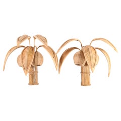 Pair of Rattan Coconut Tree / Palm Tree Wall Lights