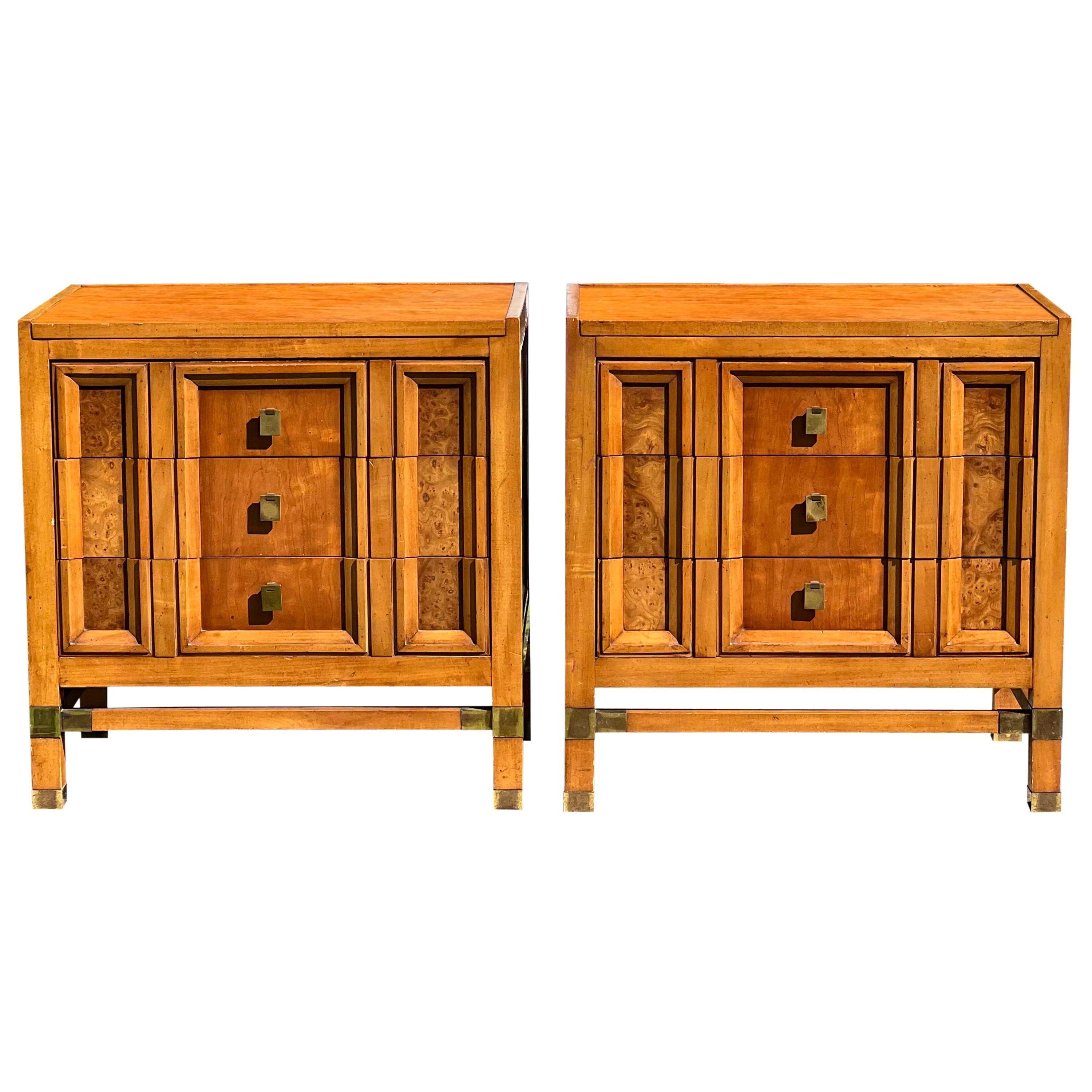 Mid Century Weathered Cherry Nightstands with Burl by J.L. Metz For Sale