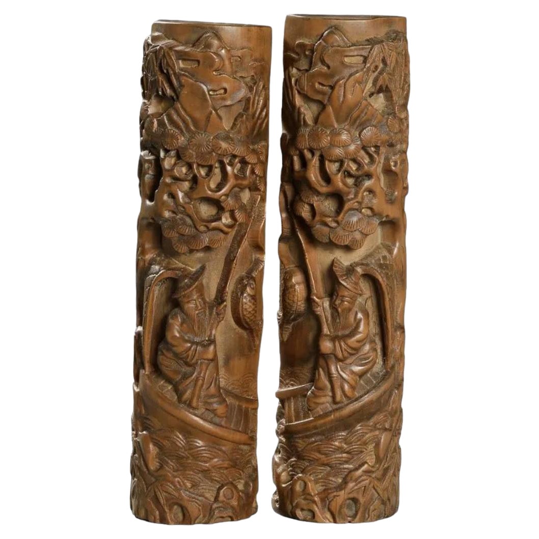 Early 20th Century Pair of Chinese Wood Carving Sculptures