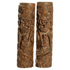 Used Early 20th Century Pair of Chinese Wood Carving Sculptures