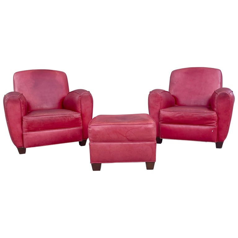 Vintage Leather Lounge Chairs and Ottoman For Sale at 1stDibs