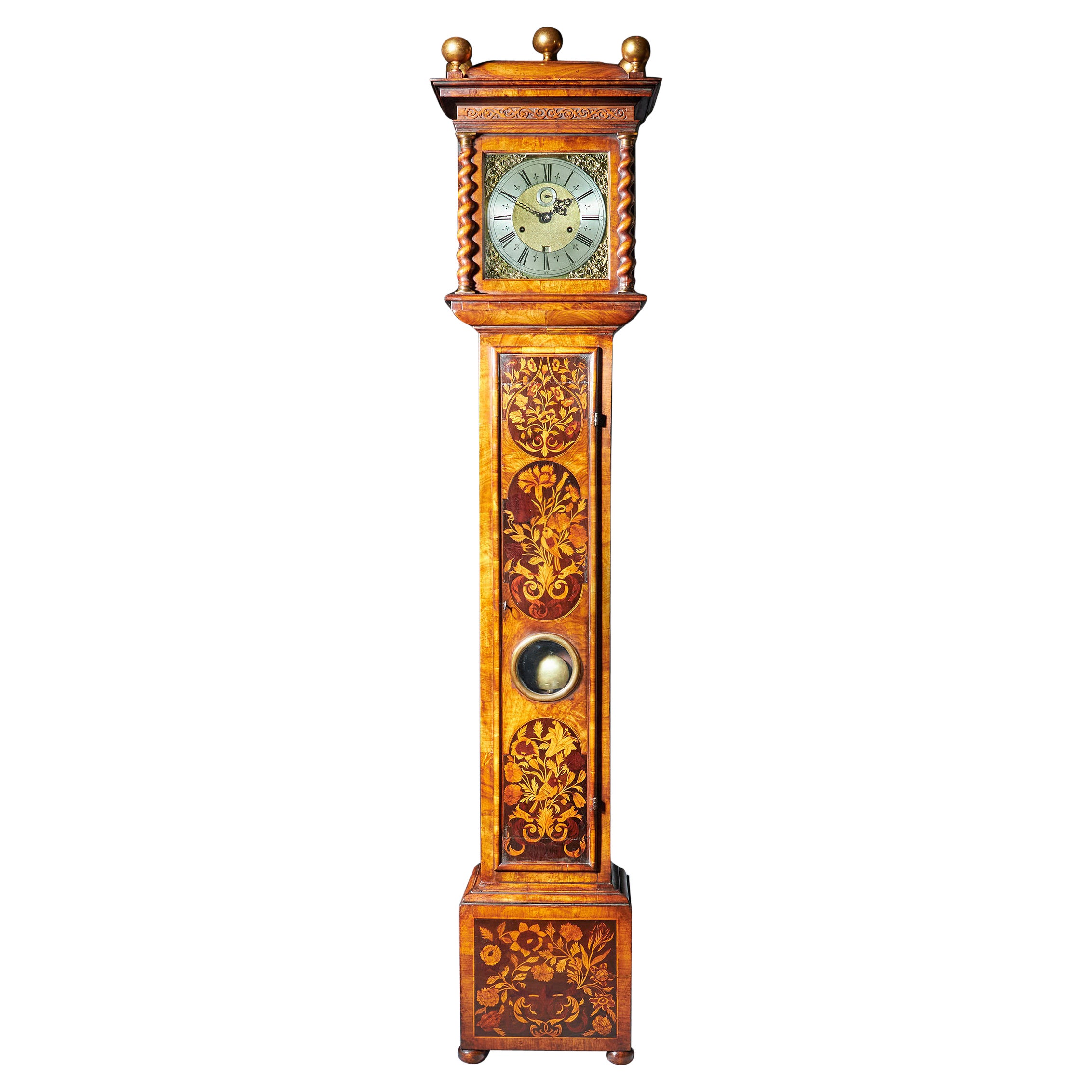Horloge de parquet du 17ème siècle en marqueterie Month Going de Charles II par John Wise