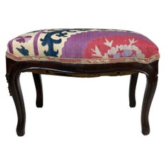 Vintage Foot Stool Upholstered with Antique Suzani Textile