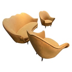 Midcentury Italian Set of Curved Canapé and Two Armchairs in Mustard Velvet