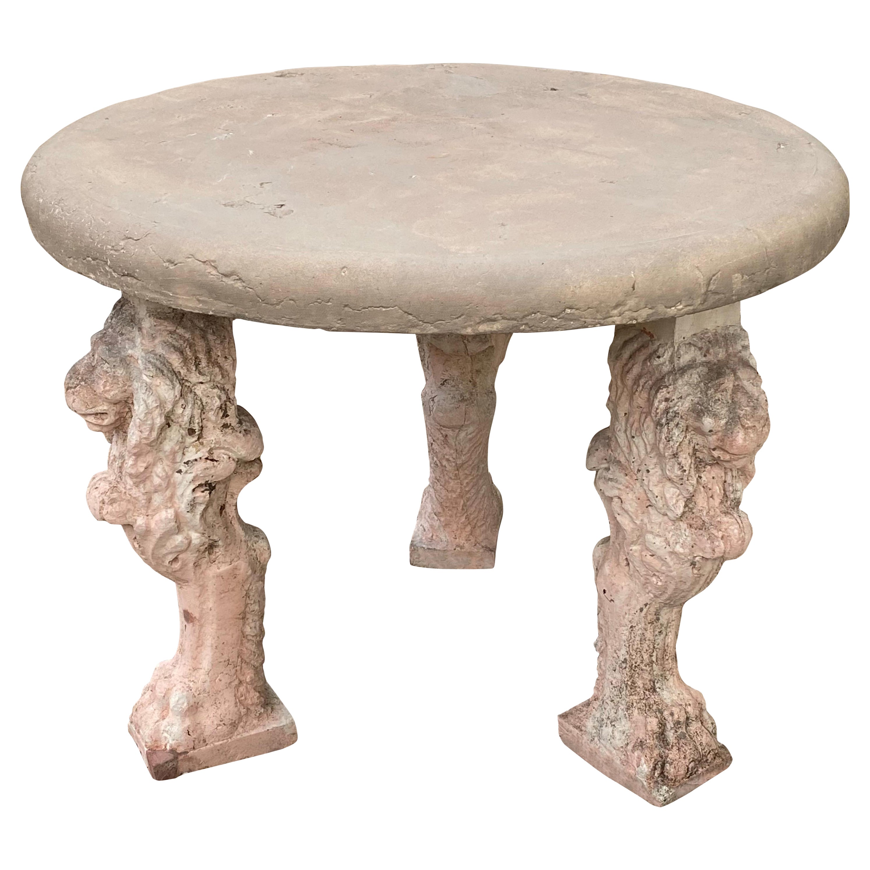 Antique Cast Stone Table with 3 Lion Figured Legs