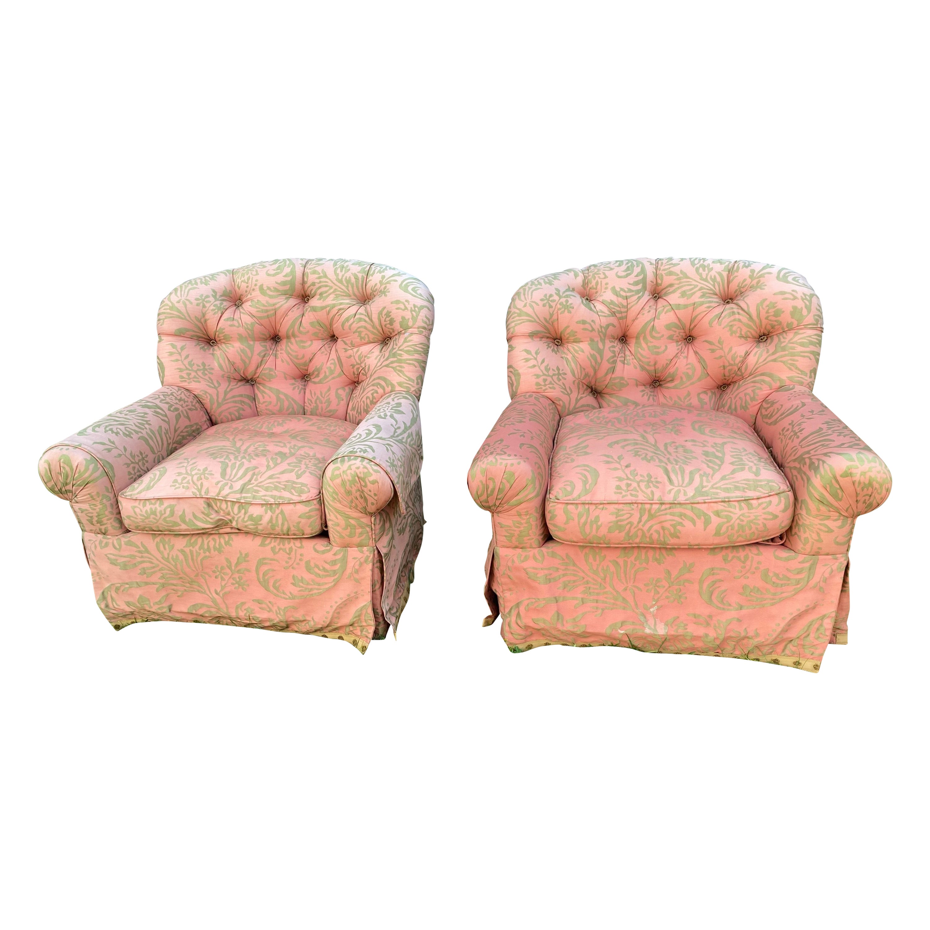 Pair of Hollywood Regency Tufted Lounge Chairs For Sale
