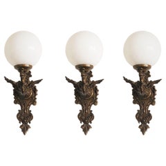 Antique Set of Three French Art Deco Bronze Opaline Glass Wall Sconces, 1930s