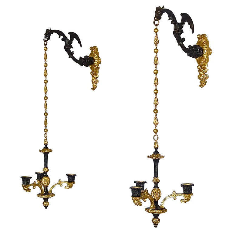 Rare Pair Charles X Wall Hanging Candelabras Dragon Sconces Bronze Gilt Iron For Sale at 1stDibs