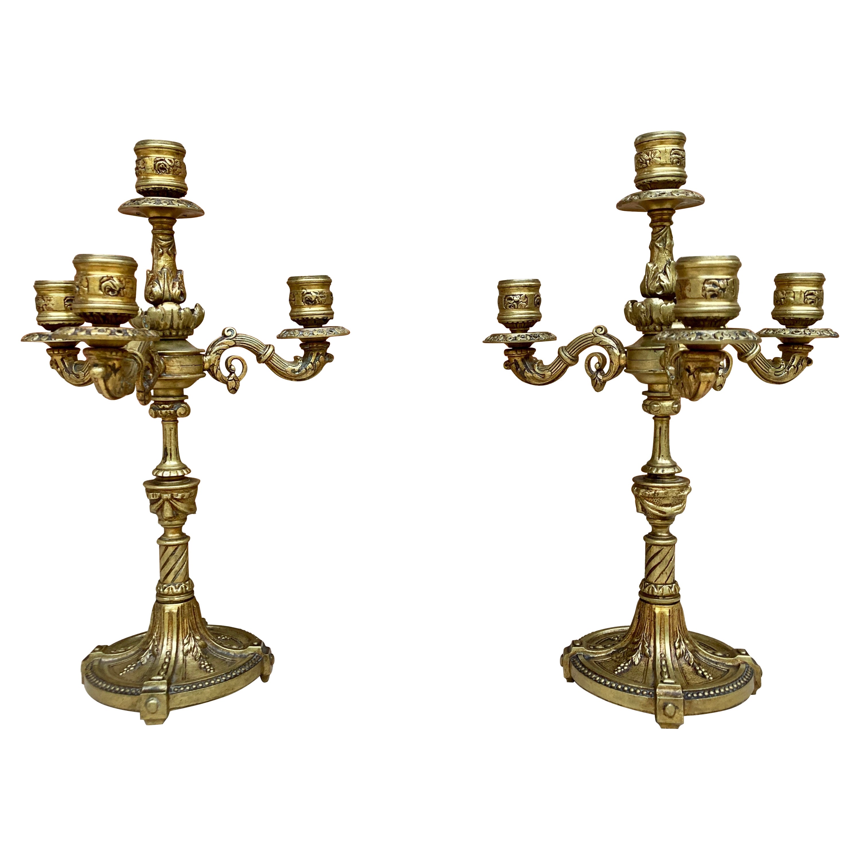 French Louis XVI Style 4 Light Candelabras in Gilt Bronze Set of 2 For Sale