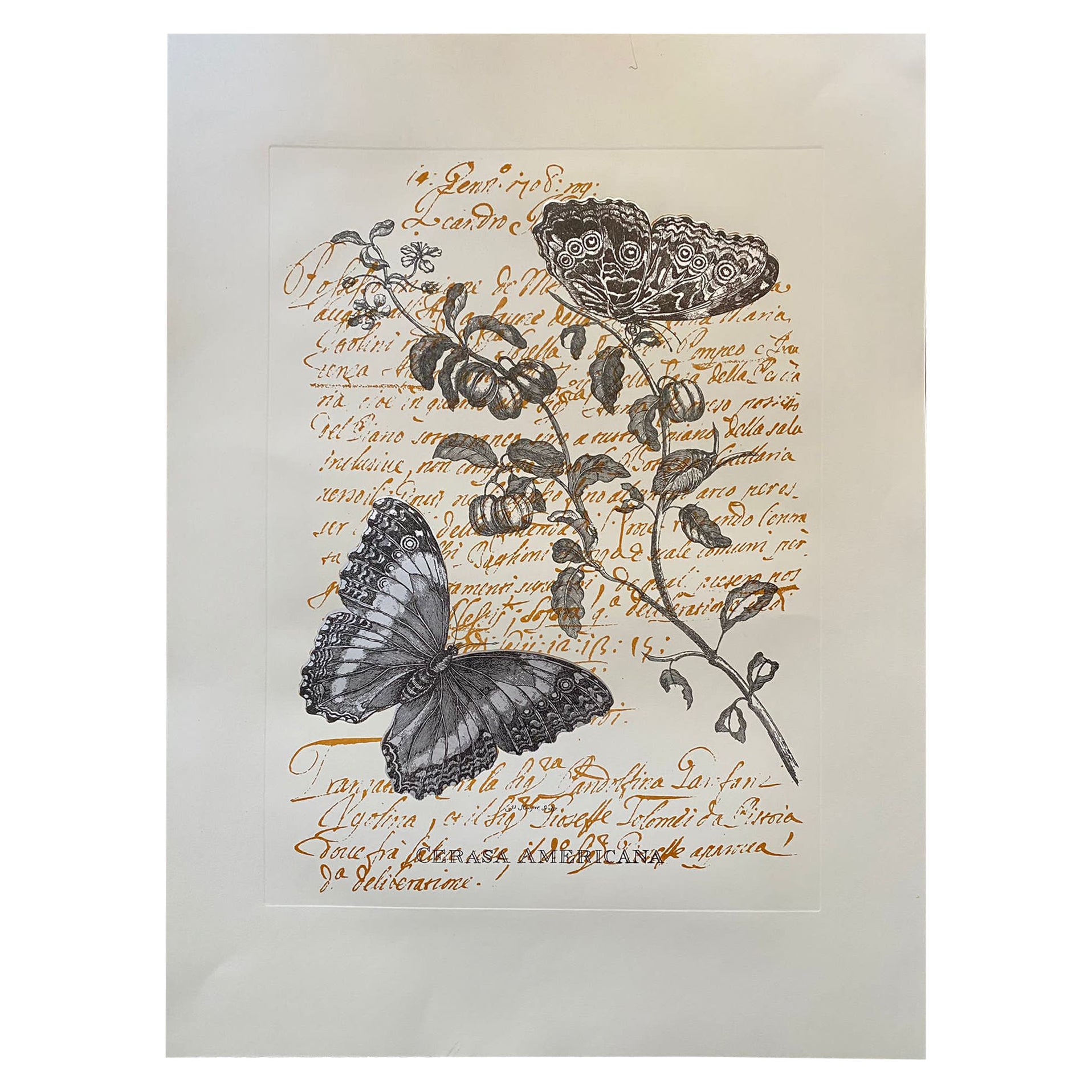 Contemporary Italian "Butterfly" Print Press Engraving Pure Silver Leaf, 1 of 2