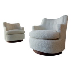 Pair of Revolving Lounge Chairs by Edward Wormley for Dunbar Boucle and Walnut